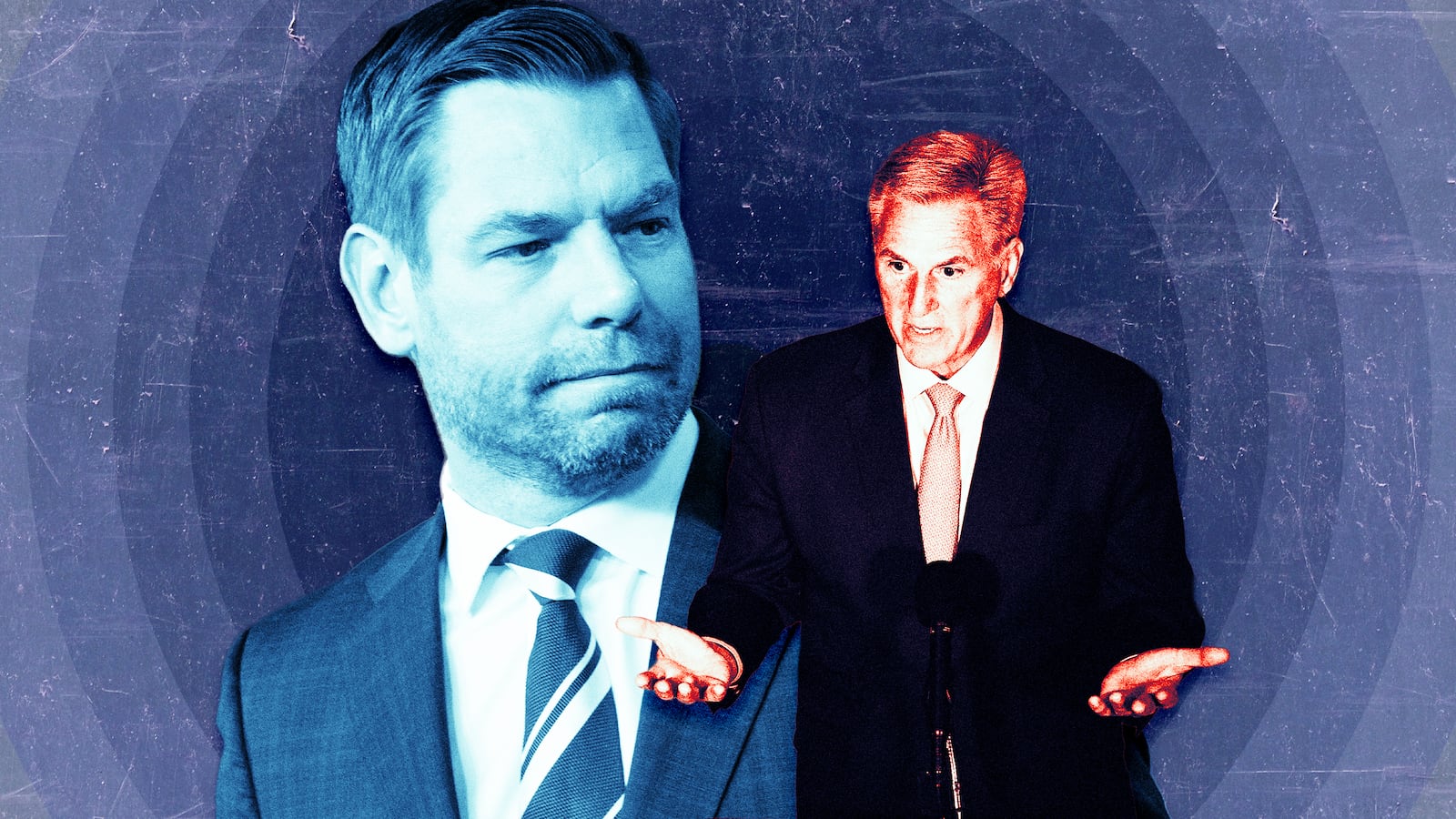 A photo illustration of Eric Swalwell and Kevin McCarthy.