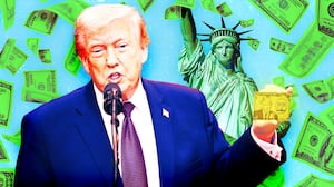 A photo illustration of Donald Trump holding a "Trump Gold Card" in front of the Statue of Liberty with money flying around.