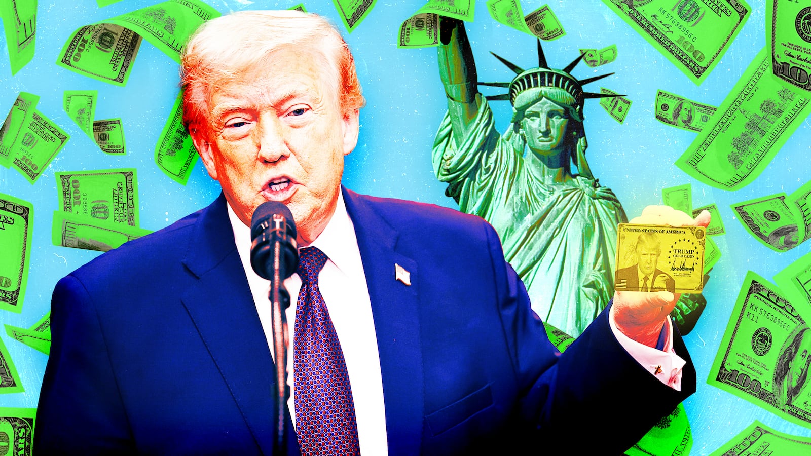 A photo illustration of Donald Trump holding a "Trump Gold Card" in front of the Statue of Liberty with money flying around.