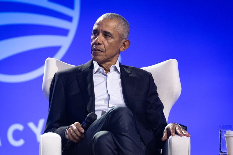 Former President Barack Obama moderates a conversation with Manu Meel, Co-Founder and CEO of BridgeUSA, Ainka Jackson, Founding executive director of the Selma Center for Nonviolence, Truth, and Reconciliation and Nika Kovač, Director of Slovenia-based Institute 8th of March during the Obama Foundation's 2024 Democracy Forum on December 05, 2024 in Chicago, Illinois. The 2024 Democracy Forum focused on "pluralism" and exploring how diverse communities can work together. (Photo by Scott Olson/Getty Images)