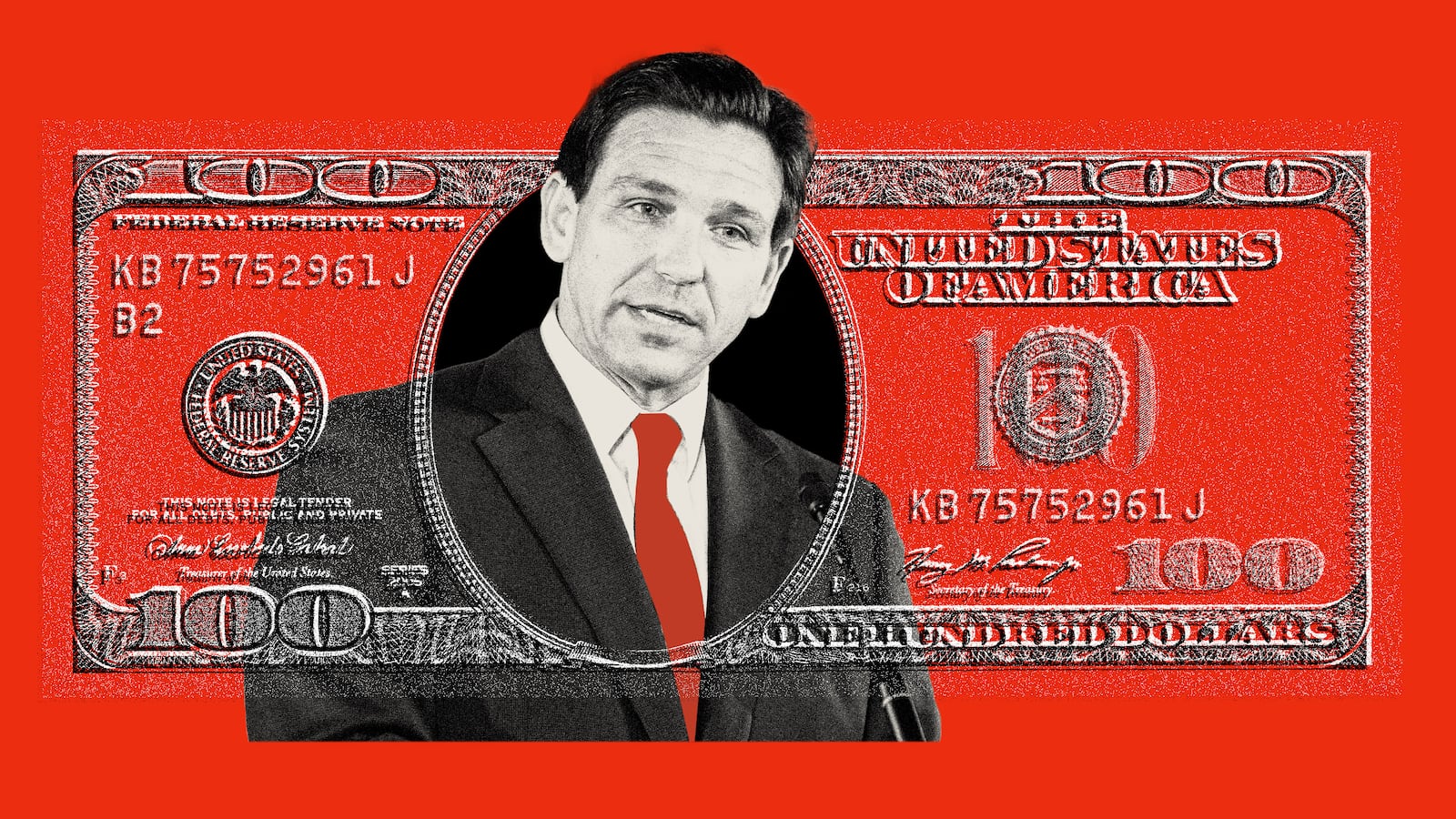 Photo illustration of Governor Ron DeSantis (R-FL) on a red background with an overlay of the $100 bill