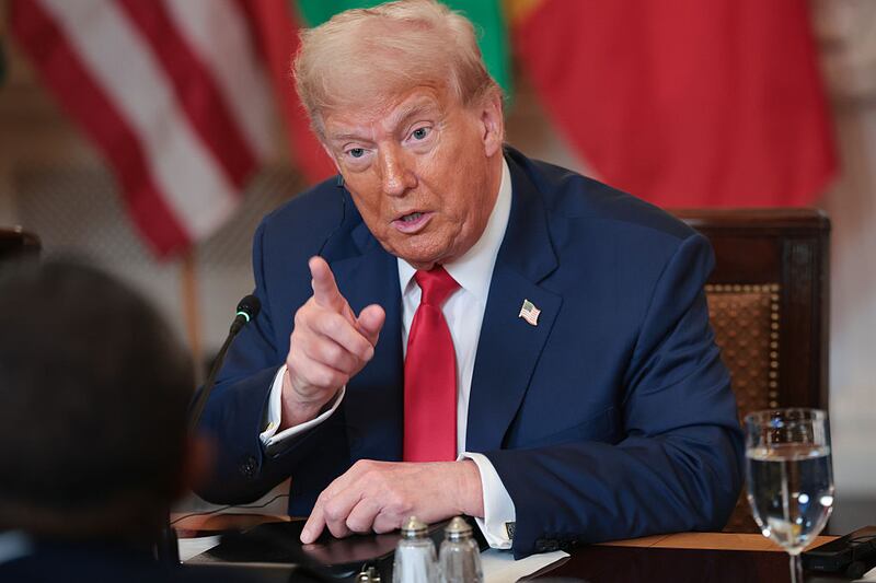WASHINGTON, DC - JULY 09: U.S. President Donald Trump answers questions during a multilateral lunch with African leaders in the State Dining Room of the White House July 9, 2025 in Washington, DC. The leaders of Gabon, Guinea-Bissau, Liberia, Mauritania and Senegal met with Trump during the luncheon. (Photo by Win McNamee/Getty Images)