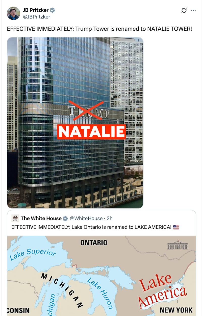 Pritzker mocked Trump's executive order about Lake Ontario by renaming his Chicago tower after aide Natalie Harp.