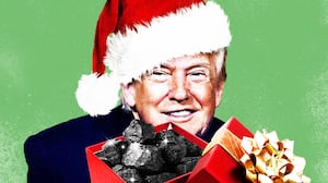 Donald Trump with a gift box full of coal.