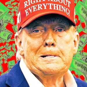 A photo illo illustration of Donald Trump with flying money.