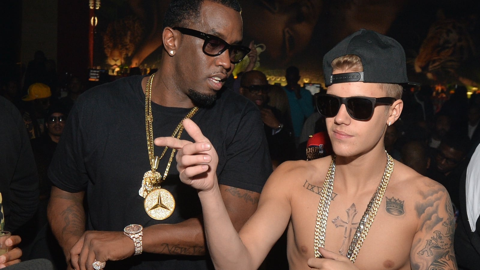 Sean 'Diddy' Combs and Justin Bieber attend Ciroc party at Vanquish Lounge on February 5, 2014 in Atlanta, Georgia.