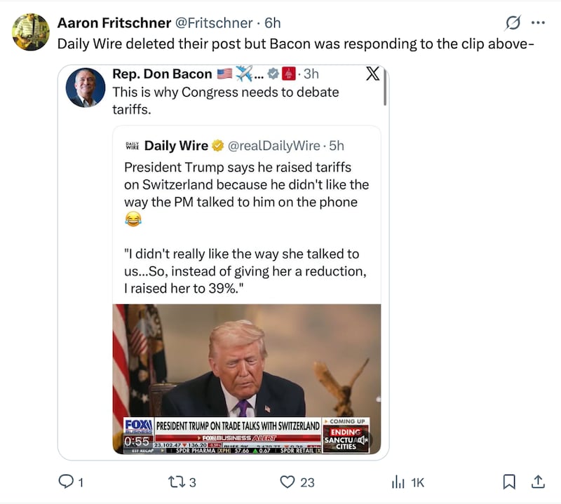 Screenshot of Rep. Don Bacon's X.com post.