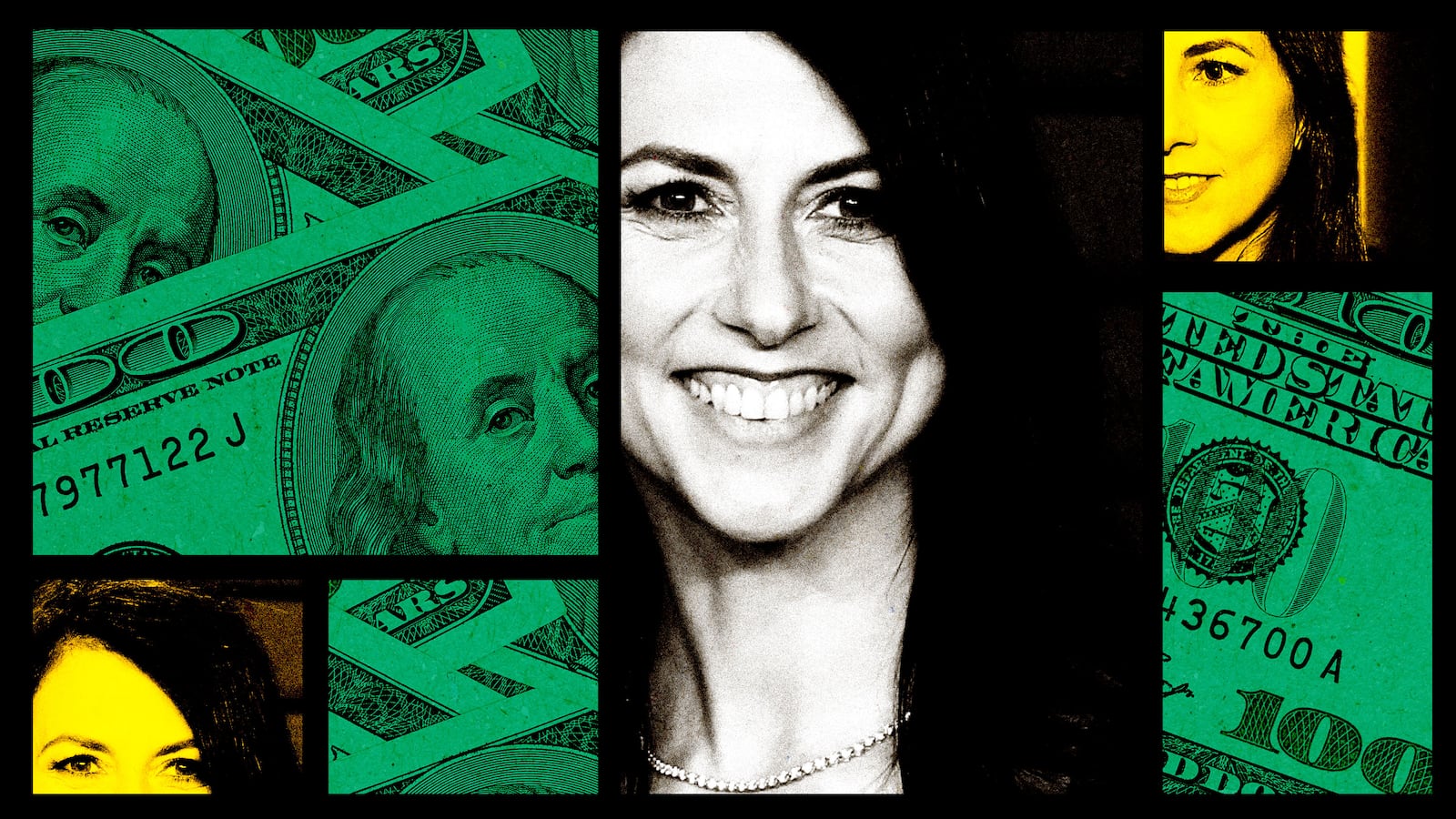 A photo illustration showing grids of money and MacKenzie Scott