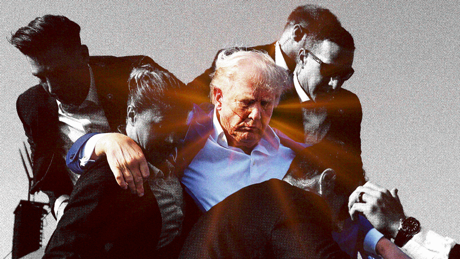 Donald Trump being rushed off stage after he was shot in Pennsylvania rally with a glowing light behind his head