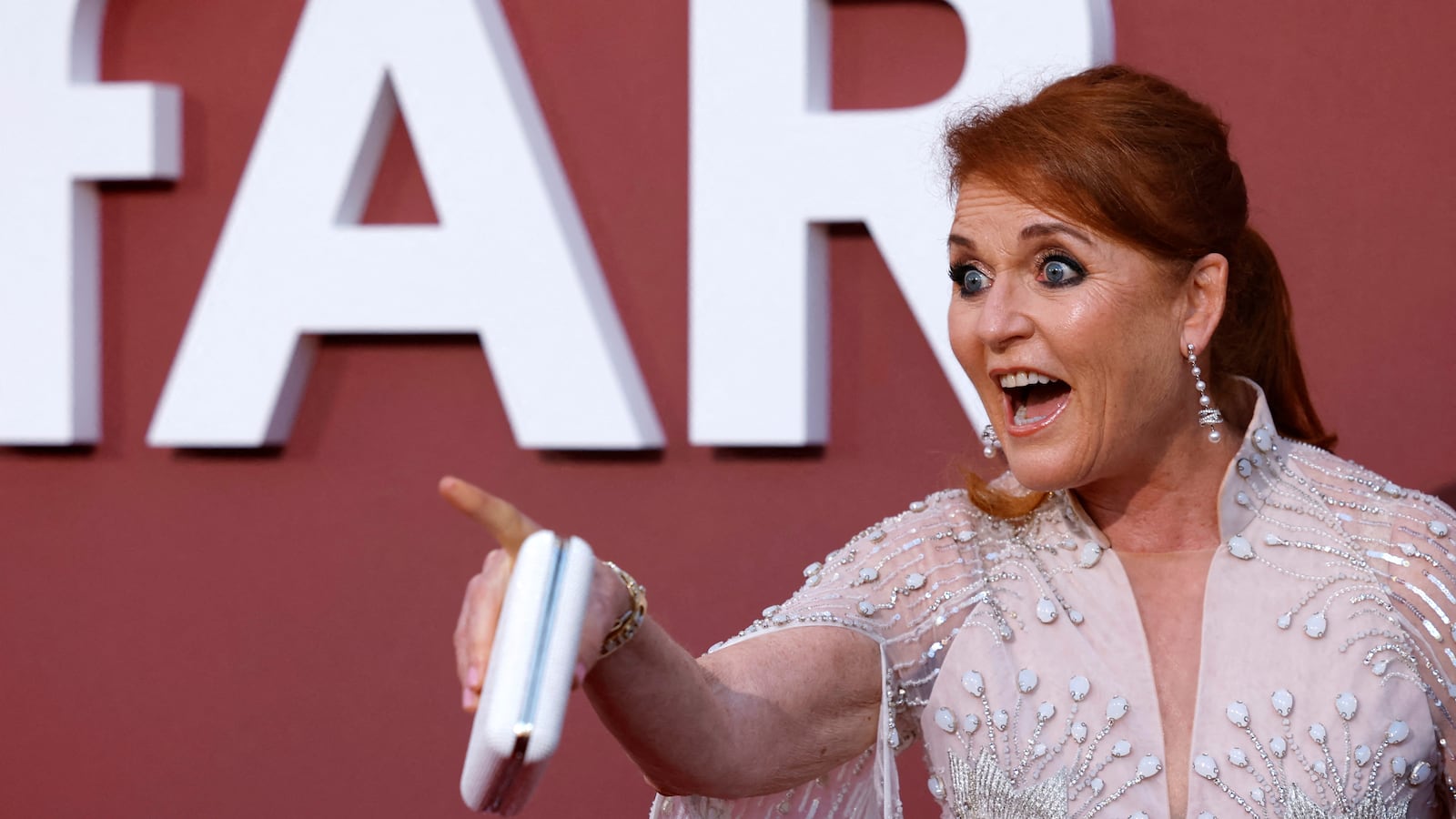 Sarah Ferguson, Duchess of York, poses during a photocall for guest arrivals at the amfAR Gala Cannes 2024 in Antibes, France, May 23, 2024.
