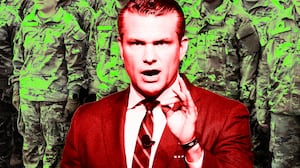 A photo illustration of Defense Secretary Pete Hegseth and U.S. service members.