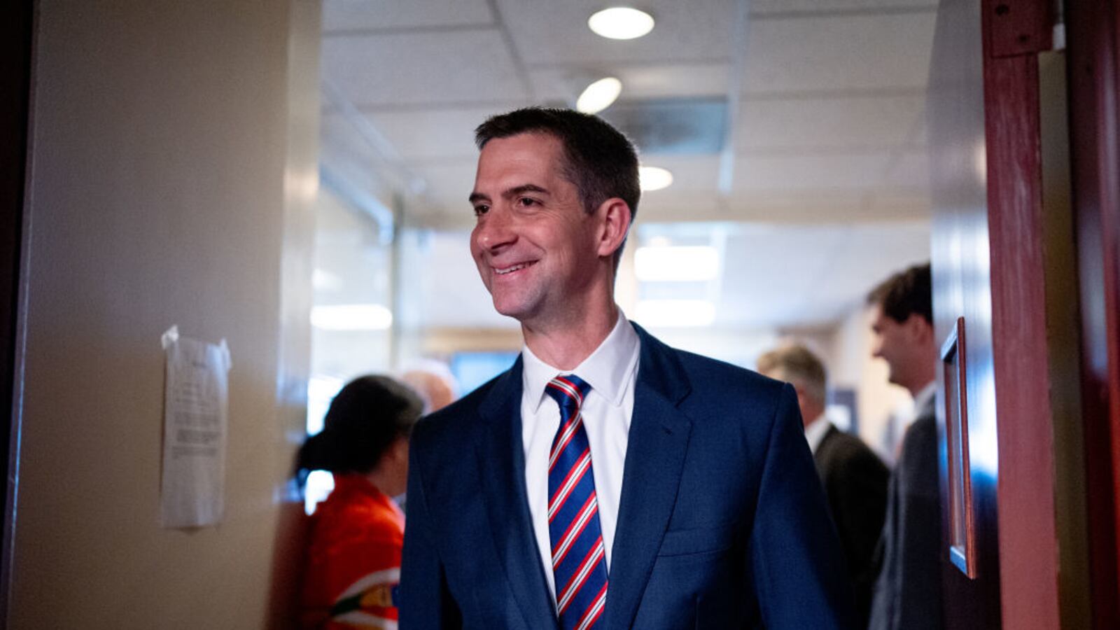 Sen. Tom Cotton (R-AR) arrives for a news conference on Capitol Hill on May 1, 2024 in Washington, DC.