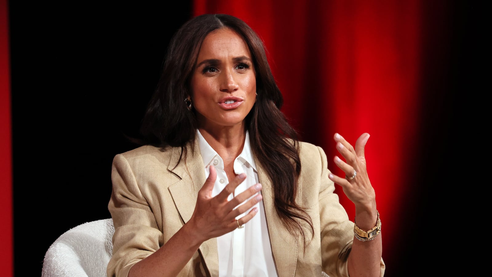 NEW YORK, NEW YORK - APRIL 23: Meghan, Duchess of Sussex speaks onstage during the 2025 TIME100 Summit at Jazz at Lincoln Center on April 23, 2025 in New York City.
