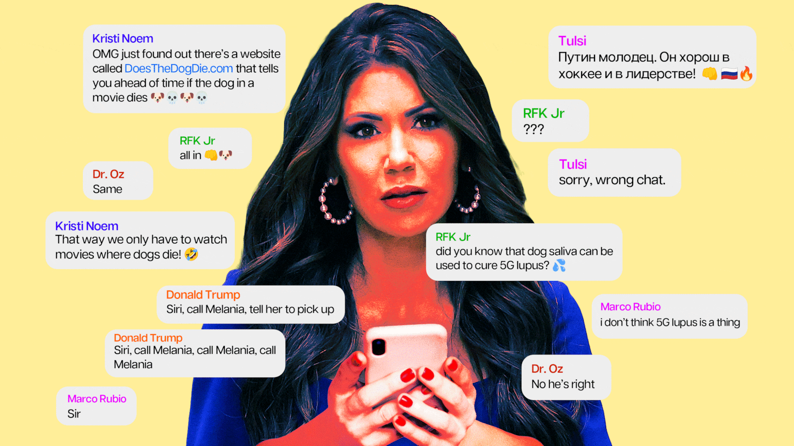 An animated GIF of United States Secretary of Homeland Security Kristi Noem holding a phone with text messages from the Trump admin appearing.