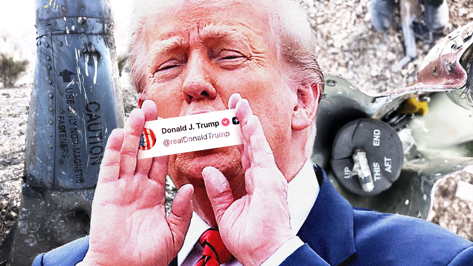 Donald Trump yelling with his Truth Social handle in front of his mouth and photos of the downed f-15 fighter jet in Iran behind him