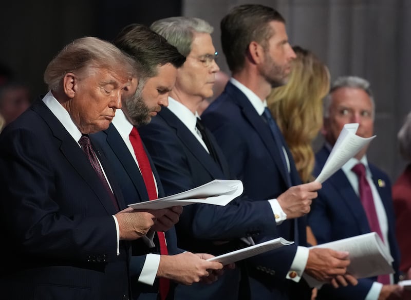 WASHINGTON, DC - JULY 28: (L-R) U.S. President Donald Trump, U.S. Vice President JD Vance, U.S. Treasury Secretary Scott Bessent,  Eric Trump, Lara Trump, and Steve Witkoff, United States Special Envoy to the Middle East attend the funeral service for the late U.S. Sen. Lindsey Graham (R-SC) at the Washington National Cathedral on July 28, 2026 in Washington, DC. Graham, who was elected to the Senate in 2002, died suddenly on July 11th from an aortic dissection. He was 71 years old. (Photo by Andrew Harnik/Getty Images)