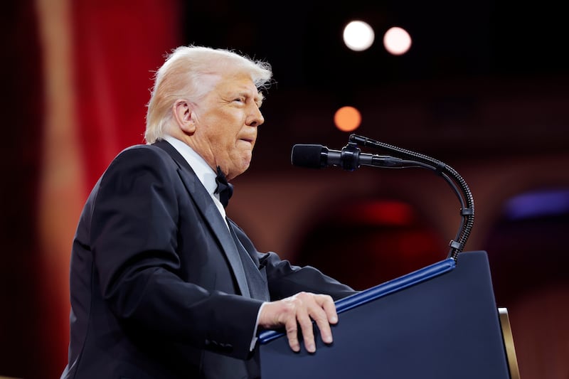 President Donald Trump speaks during the National Republican Congressional Committee (NRCC) dinner at the National Building Museum on April 08, 2025 in Washington, DC.