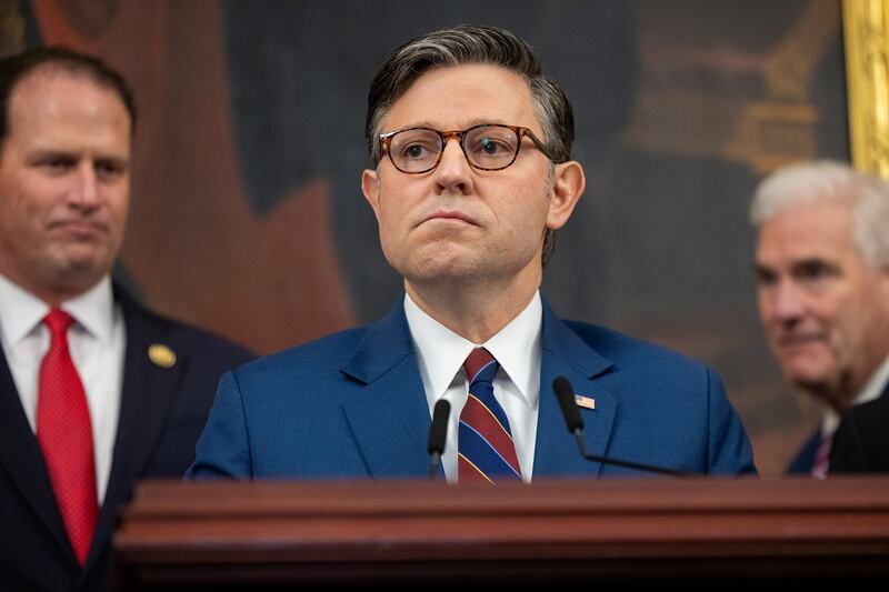 Speaker of the House Mike Johnson (R-LA) speaks at a press conference with members of the Republican Study Committee as well as other members of House Republican leadership, on the 28th day of the government shutdown in Washington, DC on October 28, 2025.