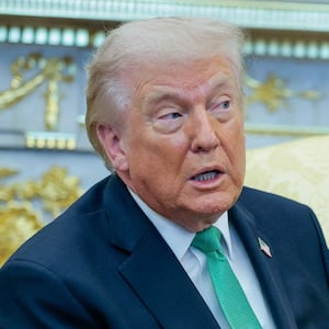 U.S. President Donald Trump gestures during a meeting with Irish Taoiseach (Prime Minister) Micheal Martin at the White House in Washington, D.C., U.S., March 17, 2026.