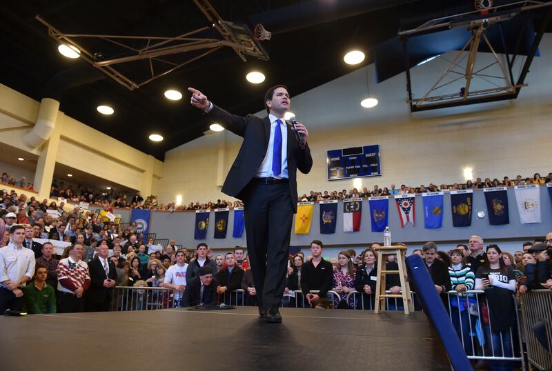 Marco Rubio (R-FL) speaks to his supporters during a rally at Patrick Henry College