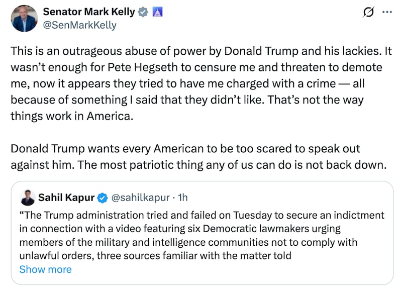 Mark Kelly X post about failed DOJ indictment