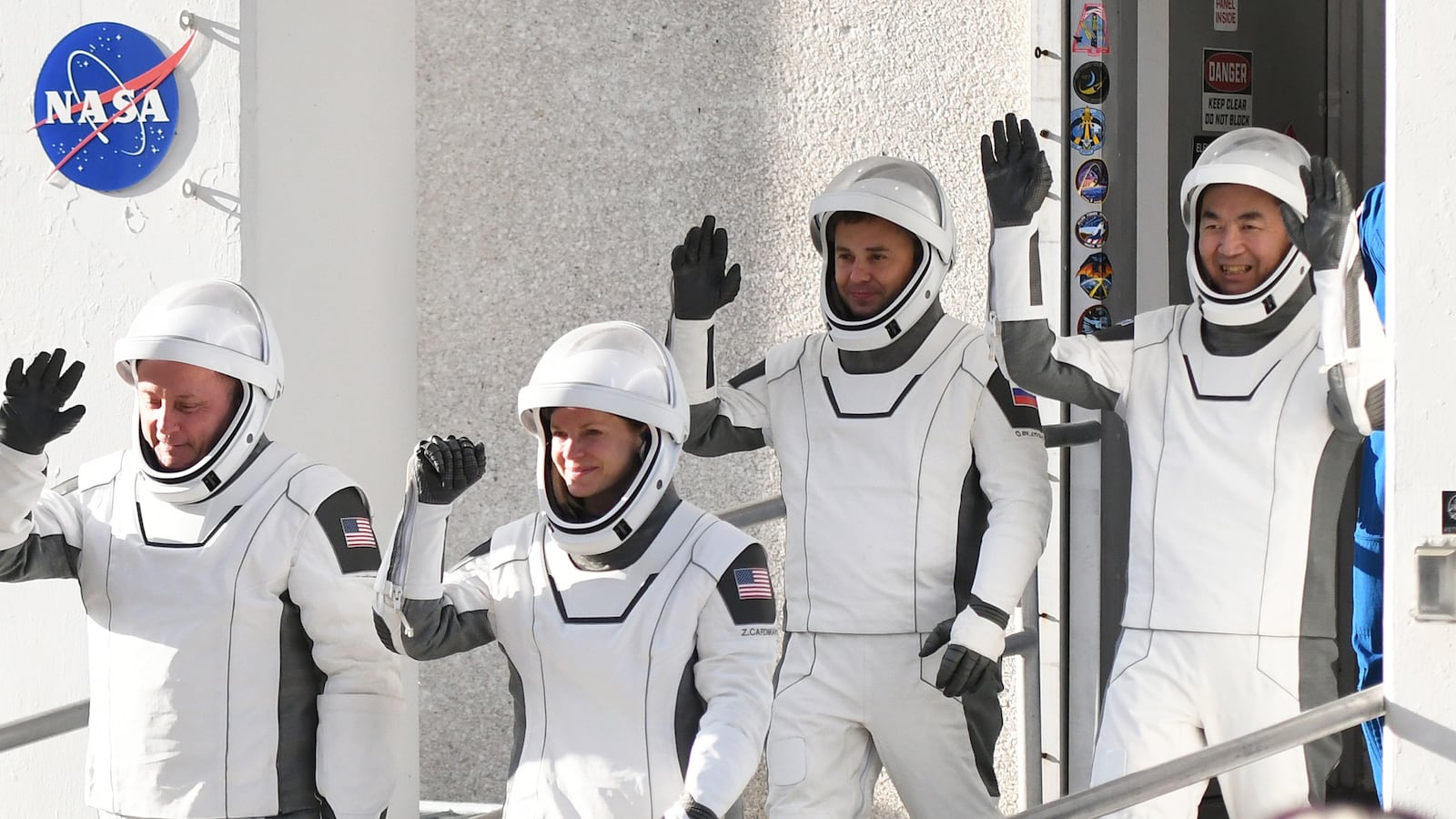 CAPE CANAVERAL, FLORIDA, UNITED STATES - AUGUST 1: Crew-11 mission astronauts walk out of the Neil A. Armstrong Operations and Checkout Building before heading to pad 39A for launch to the International Space Station (ISS) at the Kennedy Space Center on August 1, 2025 in Cape Canaveral, Florida. NASA astronaut Mike Fincke ( L-R), NASA astronaut and mission commander Zena Cardman, Roscosmos cosmonaut Oleg Platonov and JAXA astronaut Kimiya Yui will live and work aboard the ISS for at least six months. (Photo by Paul Hennessy/Anadolu via Getty Images)