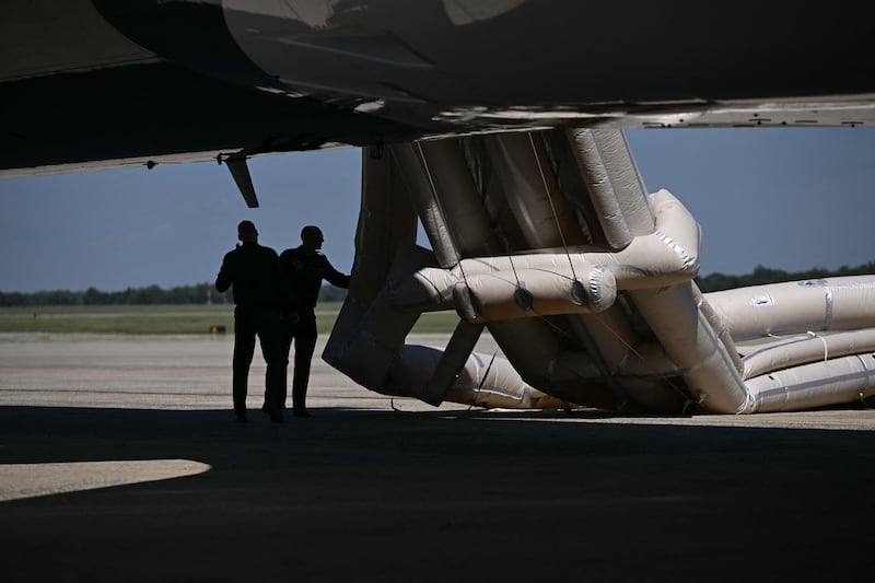 The emergency slide of the new Air Force One is deployed ahead of US President Donald Trump's departure for the Republican National Committee (RNC) midterm convention, at Joint Base Andrews in Maryland on September 9, 2026.