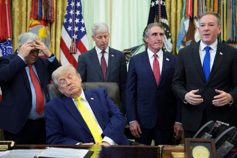 Donald Trump listens as U.S. Environmental Protection Agency (EPA) Administrator Lee Zeldin delivers remarks to reporters in the Oval Office at the White House in Washington, D.C., U.S., June 4, 2026.