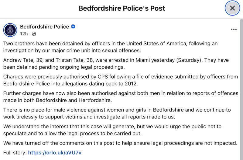 The British police agency released a statement on Saturday after the brothers were detained. Previously, Bedfordshire Police came under fire for the years it took to bring charges against the brothers.