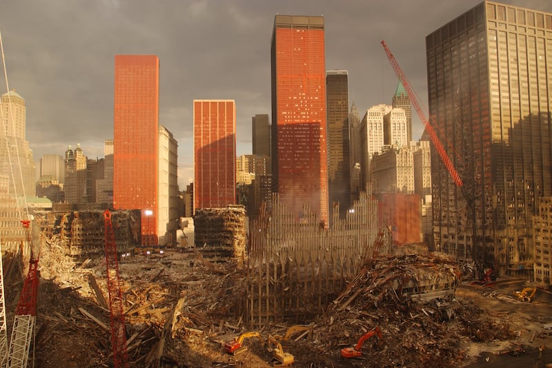 Skyscrapers behind the ruins of the twin towers.