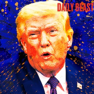 A photo illustration of Donald Trump with messy splatters around him for The Daily Beast podcast.