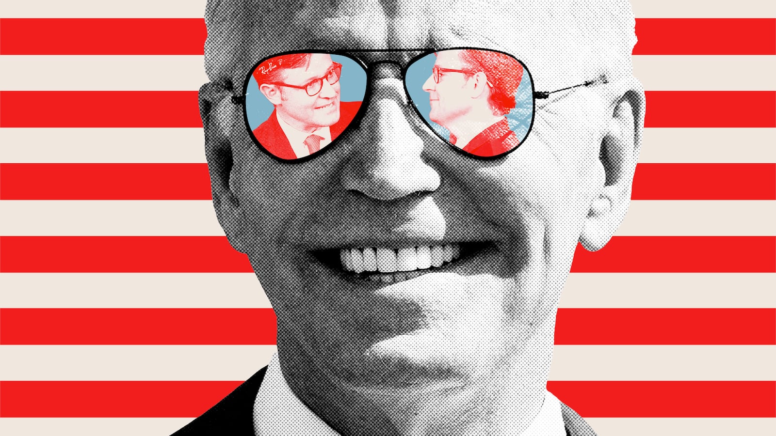 Photo illustration of Joe Biden wearing sunglasses with pictures of Mike Johnson in the lenses on a red and white stripe background.