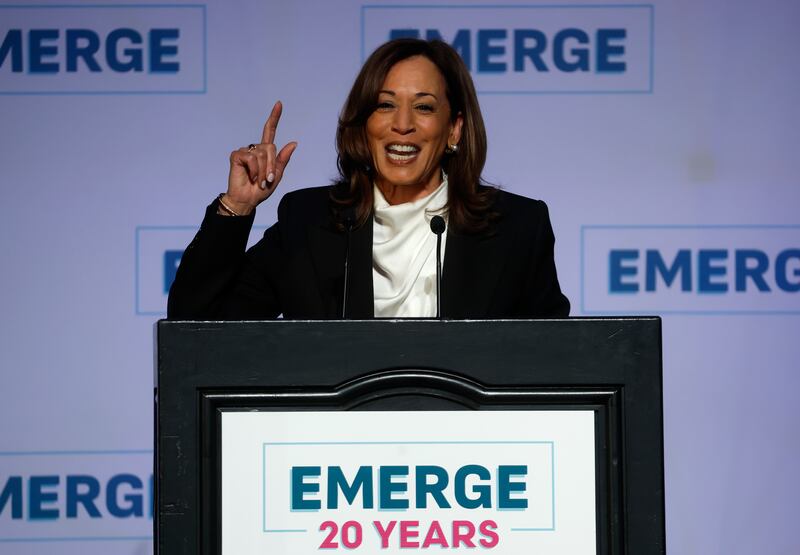 Former Vice President Kamala Harris, pictured delivering a keynote address in April, ruled out running for governor in 2026, but the decision leaves the door open for her to run for president again in 2028.