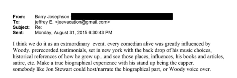 An email exchange between Jeffrey Epstein and Hollywood producer Barry Josephson, who made movies like “Enchanted” and “Kiss of the Spider Woman.”
