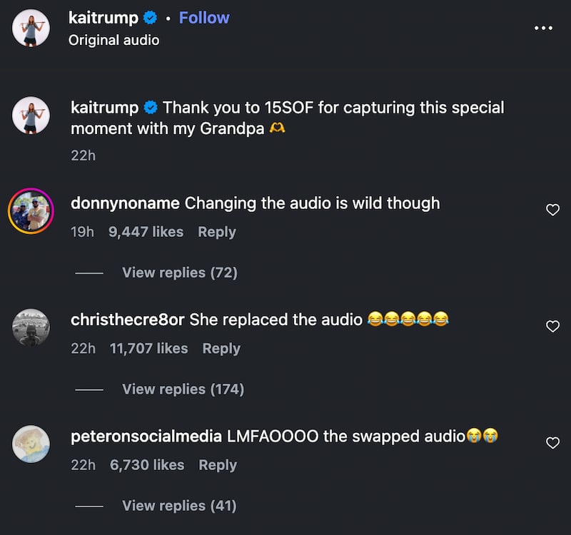 The top comments on Kai Trump’s post were filled with accusations that she altered the audio before posting.