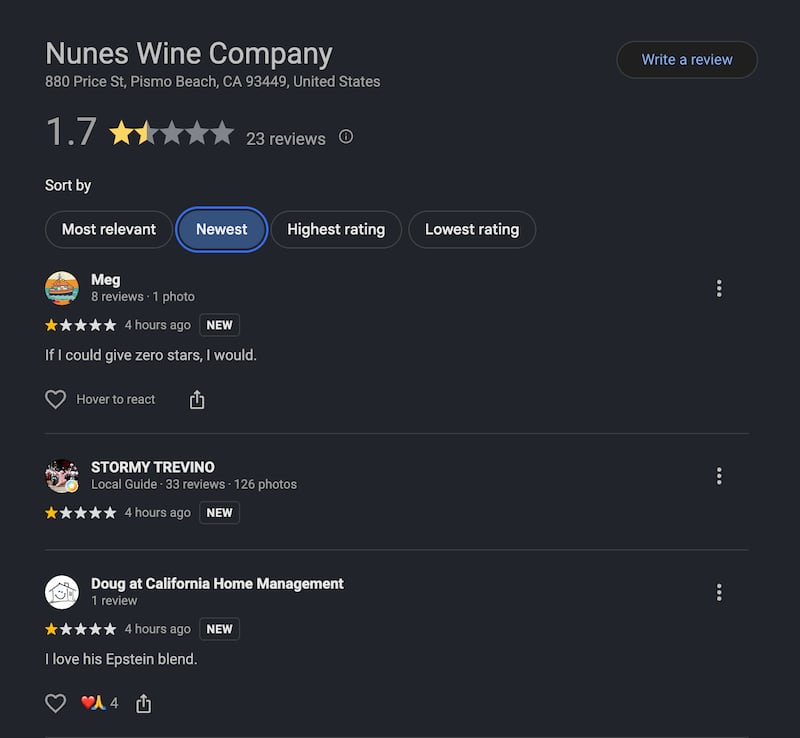 The winery has been flooded with negative reviews this week.