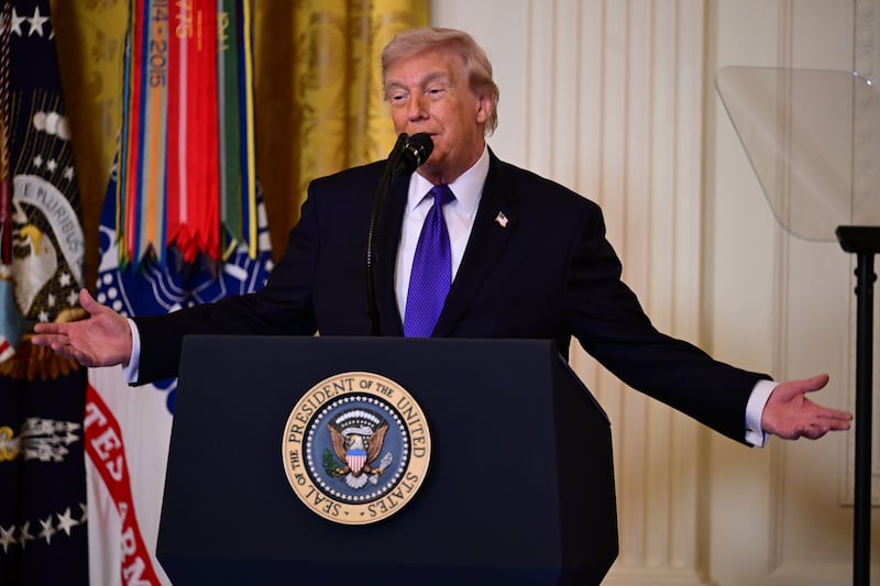 WASHINGTON, UNITED STATES - MARCH 02: U.S. President Donald Trump speaks during a Medal of Honor ceremony in the East Room of the White House in Washington, United States, on March 02, 2026. (Photo by Kyle Mazza/Anadolu via Getty Images)