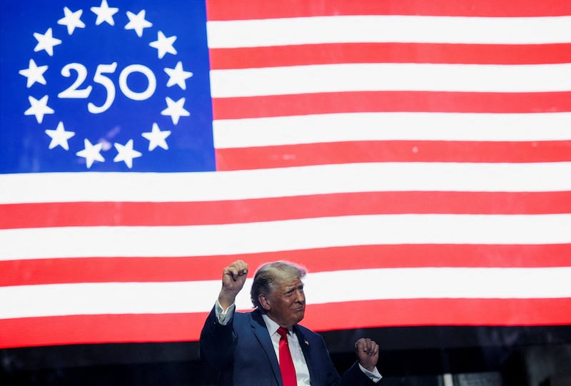 President Donald Trump dances at a rally to kick off the Great American State Fair in celebration of the 250th anniversary of U.S. independence on the National Mall in Washington, D.C., U.S., June 24, 2026