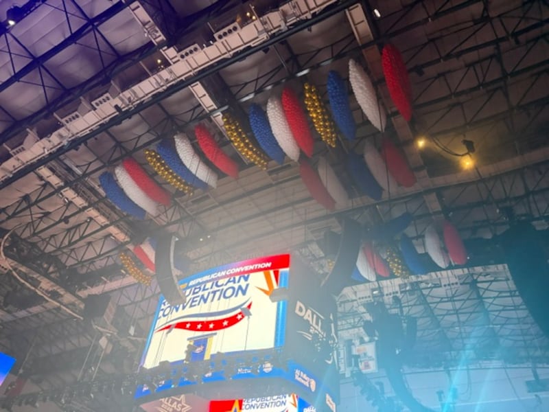 Balloons in nets inside the American Airlines Center in Dallas for the Republican midterm convention.