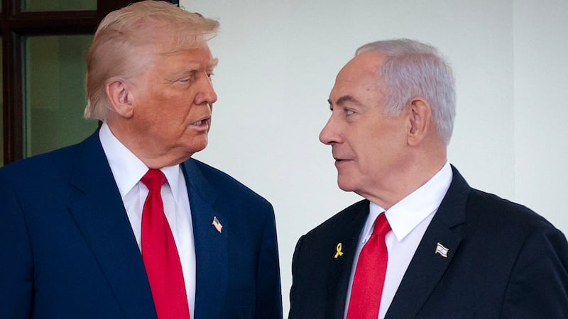 President Donald Trump greets Israeli Prime Minister Benjamin Netanyahu as he arrives at the White House on April 07, 2025 in Washington, DC.