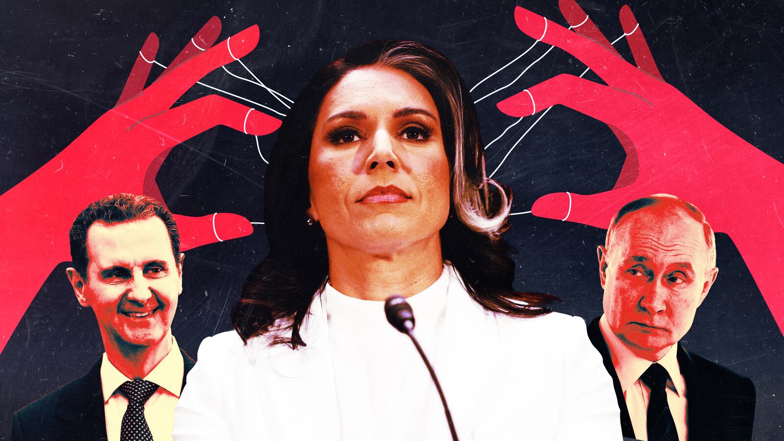 A photo illustration of Tulsi Gabbard, Bashar al-Assad, and Vladimir Putin.