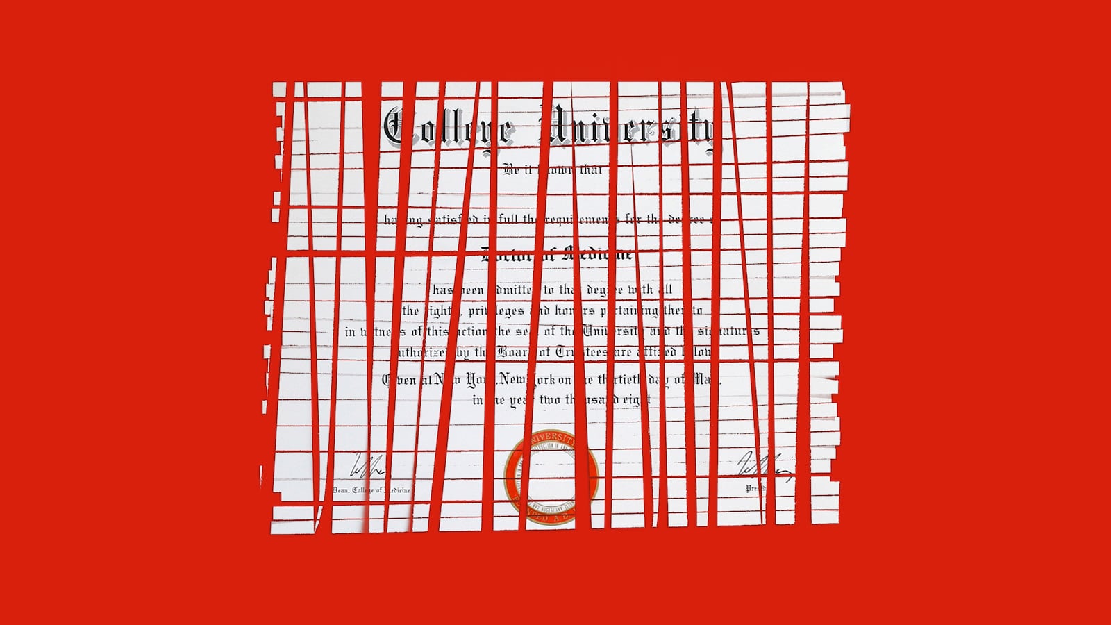 A photo illustration of a shredded college diploma.