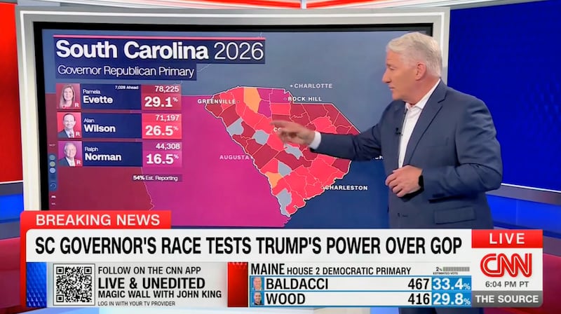 CNN Analyst John King stands in front of a screen showing the results of the South Carolina gubernatorial Republican primary race.