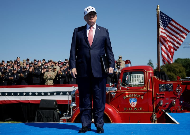 U.S. President Donald Trump participates in a Steel Across America event featuring a 21-foot steel beam recovered from the World Trade Centre South Tower, on the Ellipse near the White House in Washington, D.C., U.S., September 8, 2026.