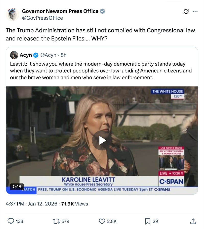 Newsom called attention to how the Justice Department has released less than one percent of its Epstein files despite last month's legal deadline.