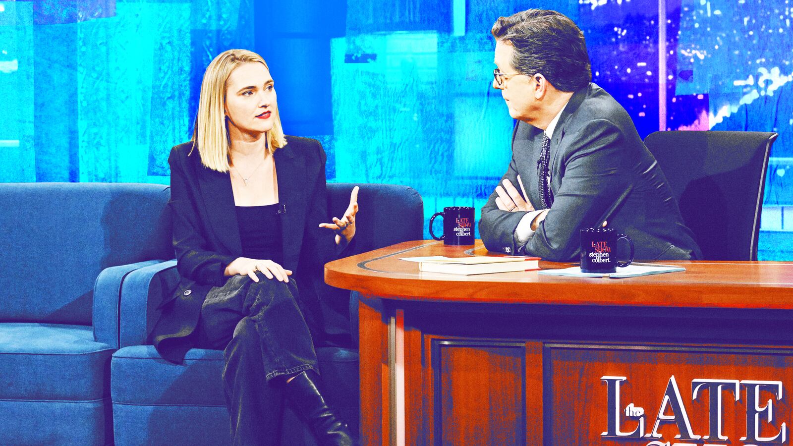 A photo illustration of The Late Show with Stephen Colbert and guest Jena Friedman.