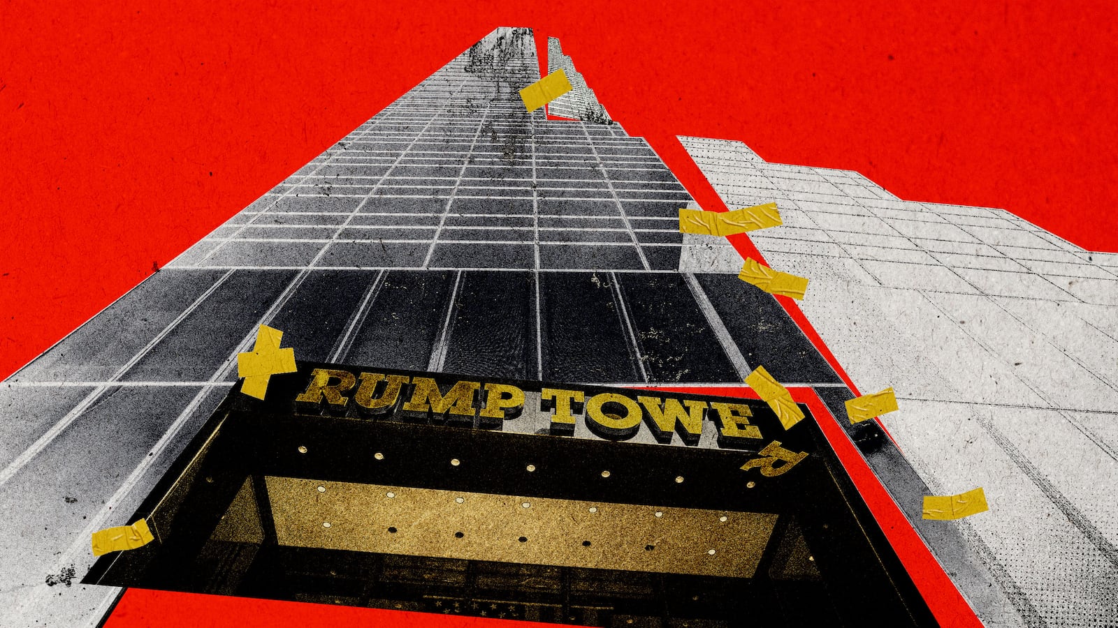 Photo illustration of a taped together Trump Tower