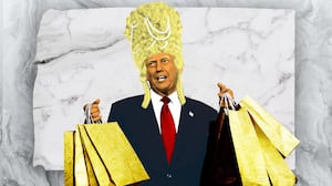 Donald Trump holding gold shopping bags wearing a Marie Antoinette wig in front of slabs of marble