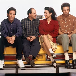 SEINFELD -- Season 6 -- Pictured: (l-r) Jerry Seinfeld, Jason Alexander as George Costanza, Julia Louis-Dreyfus as Elaine Benes, Michael Richards as Cosmo Kramer