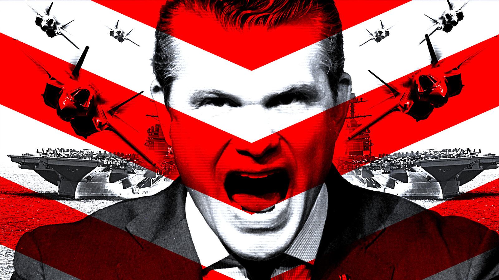 Pete Hegseth with fighter jets and aircraft carriers.